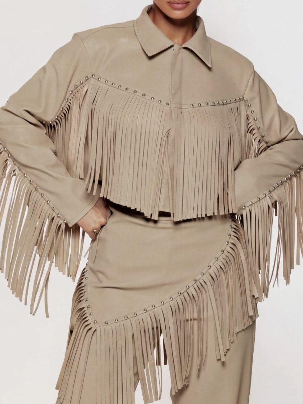 Khaki Casual Women's Faux Suede Fringe Drop Shoulder Short Jacket